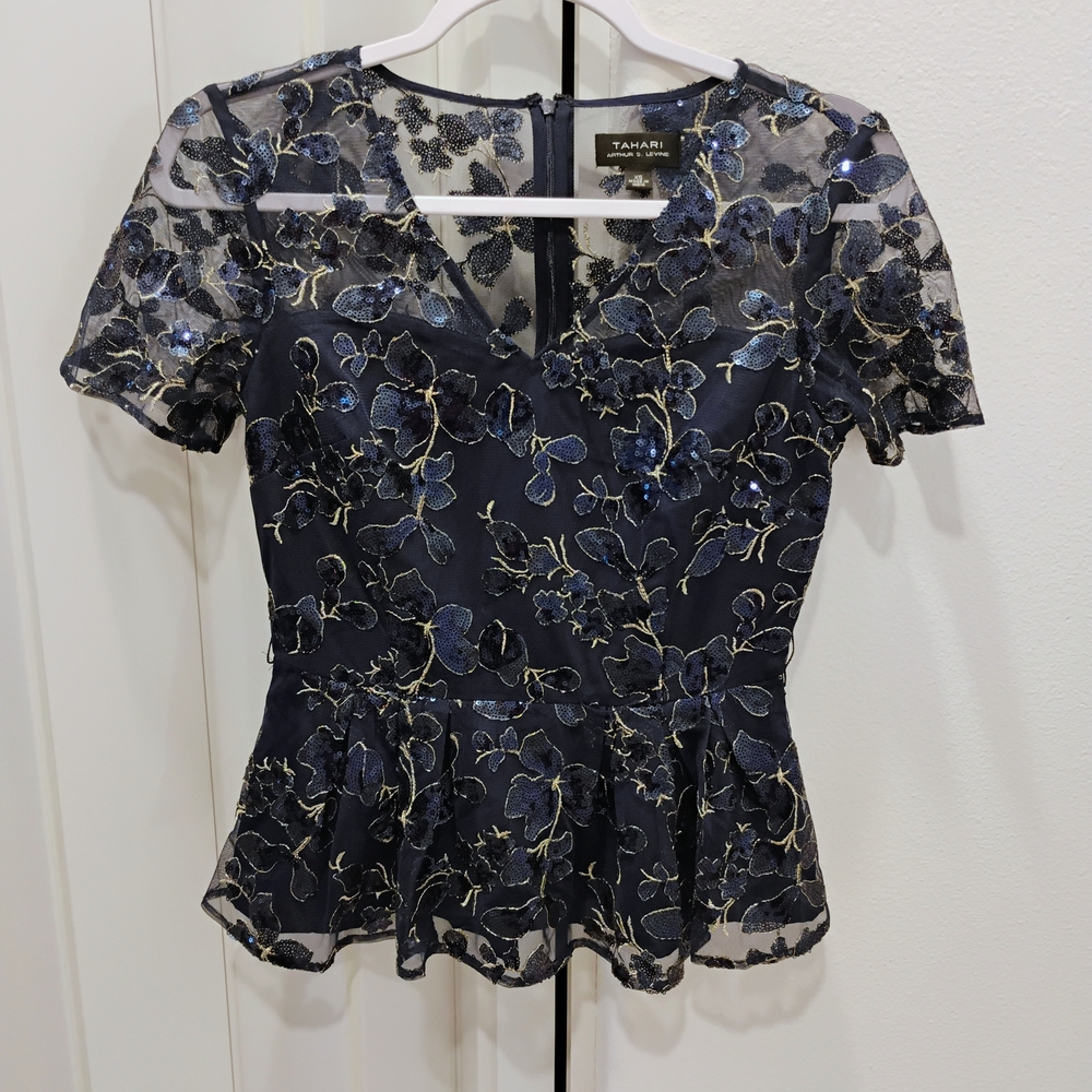 Tadashi Shoji Black and Blue Embellished Peplum Blouse